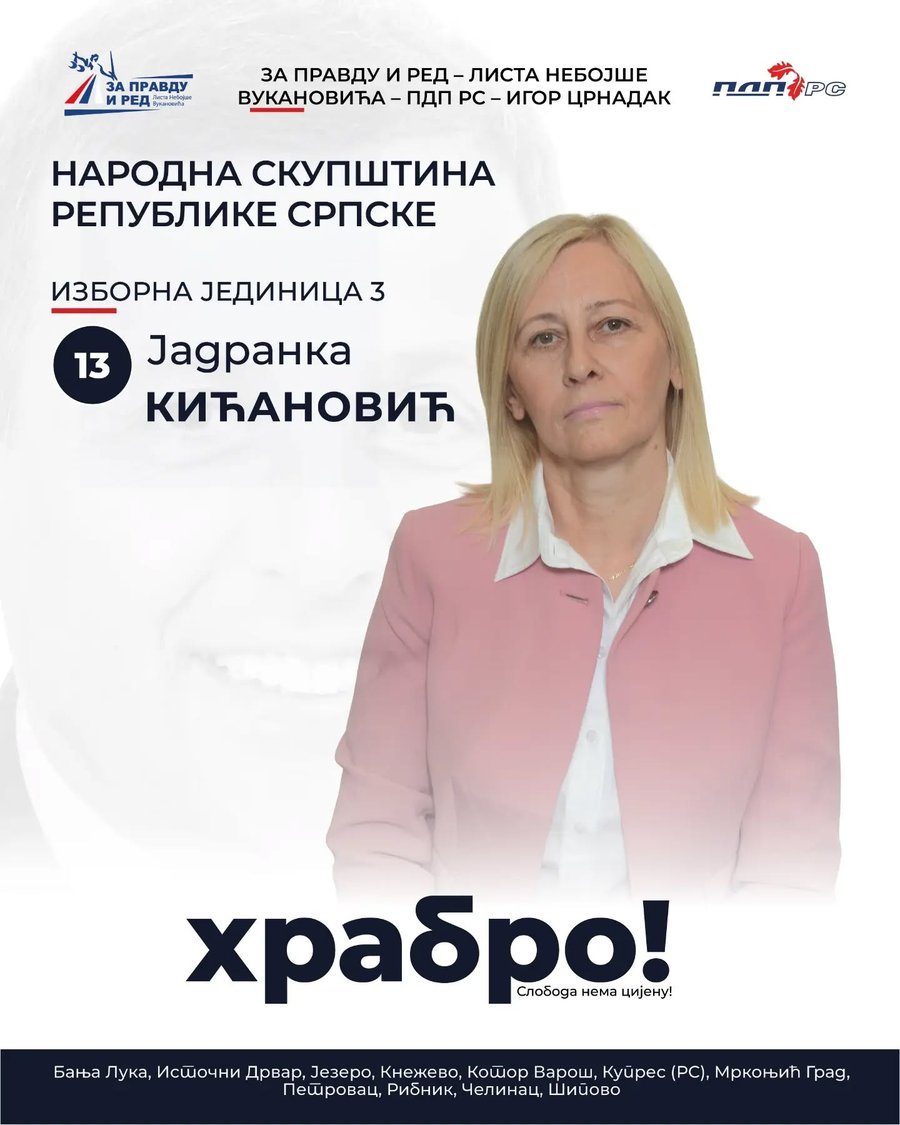 Изборни плакат — Јадранка Кићановић, редни број 13